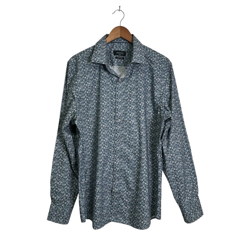 Bugatchi Men’s Large Shaped Fit Super Fine Cotton Blue Floral Print Dress Shirt